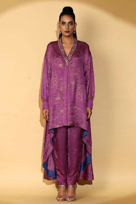 Shop Madder Much Purple 65% Cupro 35% Modal Floral V Neck Printed Kurta And Pant Set Online at Aza Fashions Shop_Madder Much_Purple 65% Cupro 35% Modal Floral V Neck Printed Kurta And Pant Set_Online_at_Aza_Fashions