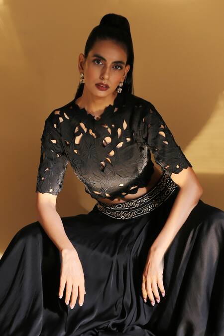 Shop_Madder Much_Black 65% Cupro 35% Modal Round Gloria Cutwork Crop Top And Skirt Set_Online_at_Aza_Fashions
