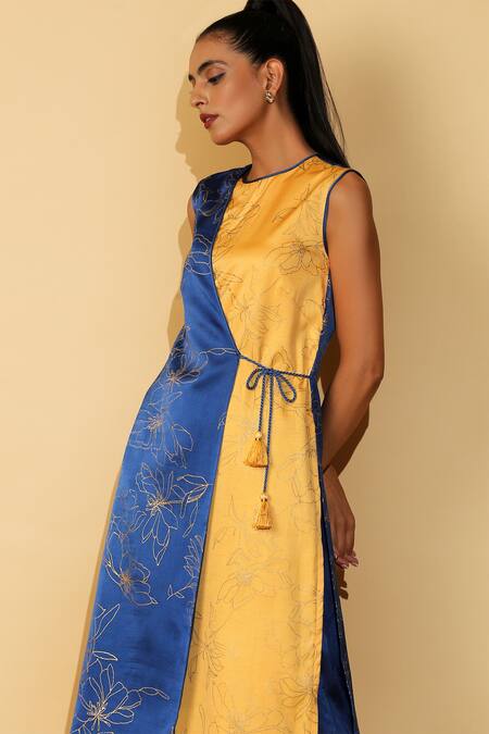 Shop_Madder Much_Blue 65% Cupro 35% Modal Floral Round Kate Colorblock Tunic And Pant Set_Online_at_Aza_Fashions