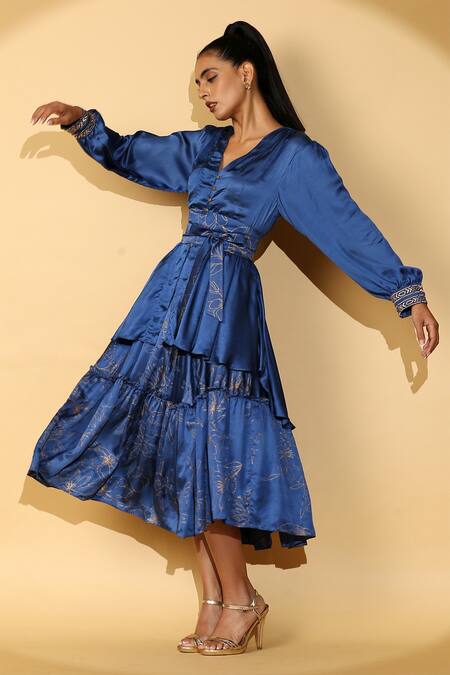 Madder Much_Blue 65% Cupro 35% Modal Floral, Zari V Neck Samy Shirt And Skirt Set_at_Aza_Fashions