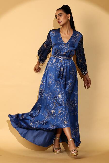 Madder Much Blue 65% Cupro 35% Modal Printed Floral V Neck Vivi Kaftan Online at Aza Fashions Madder Much_Blue 65% Cupro 35% Modal Printed Floral V Neck Vivi Kaftan _Online_at_Aza_Fashions