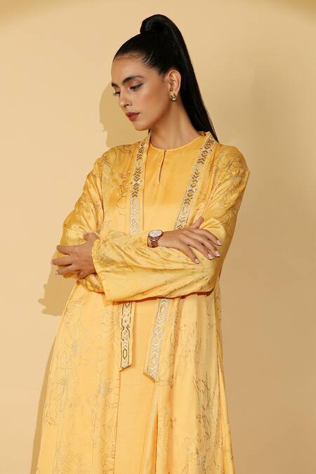 Madder Much_Yellow 65% Cupro 35% Modal Floral Open Nova Dress With Printed Shrug_Online_at_Aza_Fashions