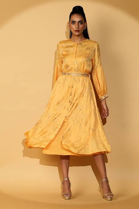 Madder Much_Yellow 65% Cupro 35% Modal Floral, Zari Round Verona Printed Dress_Online_at_Aza_Fashions