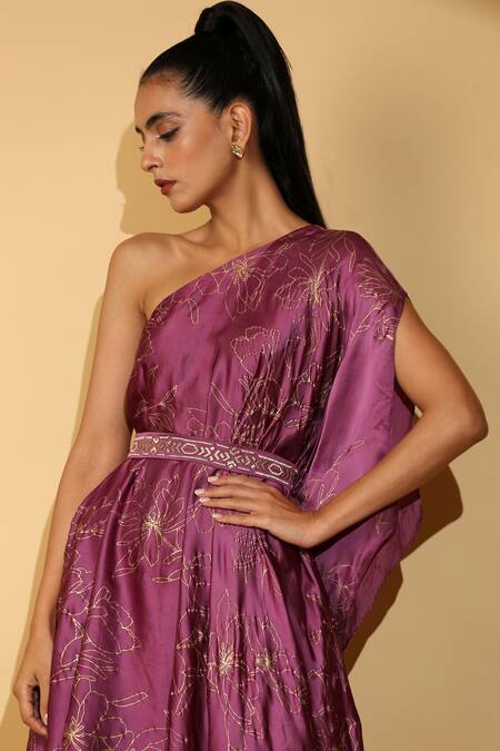 Buy_Madder Much_Purple 65% Cupro 35% Modal Floral Asymmetric Tara One Shoulder Tunic And Pant Set_Online_at_Aza_Fashions
