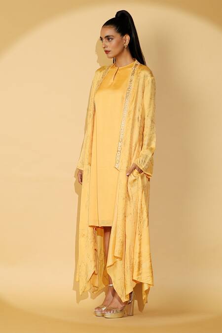 Shop_Madder Much_Yellow 65% Cupro 35% Modal Floral Open Nova Dress With Printed Shrug_Online_at_Aza_Fashions