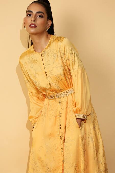 Shop_Madder Much_Yellow 65% Cupro 35% Modal Floral, Zari Round Verona Printed Dress_Online_at_Aza_Fashions