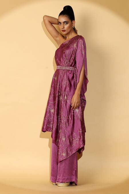 Shop_Madder Much_Purple 65% Cupro 35% Modal Floral Asymmetric Tara One Shoulder Tunic And Pant Set_Online_at_Aza_Fashions