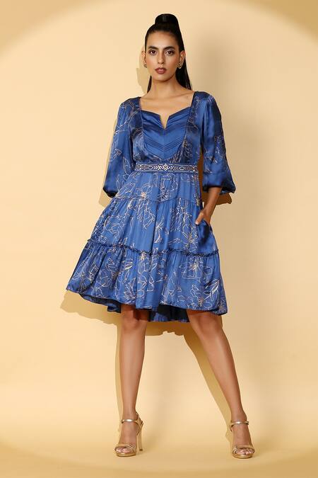 Shop_Madder Much_Blue 65% Cupro 35% Modal Floral Notched Noor Puffed Sleeve Printed Dress_Online_at_Aza_Fashions
