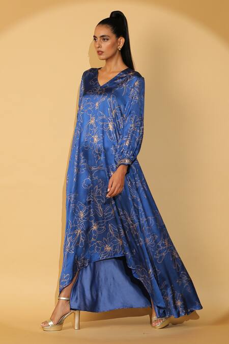 Shop Madder Much Blue 65% Cupro 35% Modal Printed Floral V Neck Vivi Kaftan Online at Aza Fashions Shop_Madder Much_Blue 65% Cupro 35% Modal Printed Floral V Neck Vivi Kaftan _Online_at_Aza_Fashions