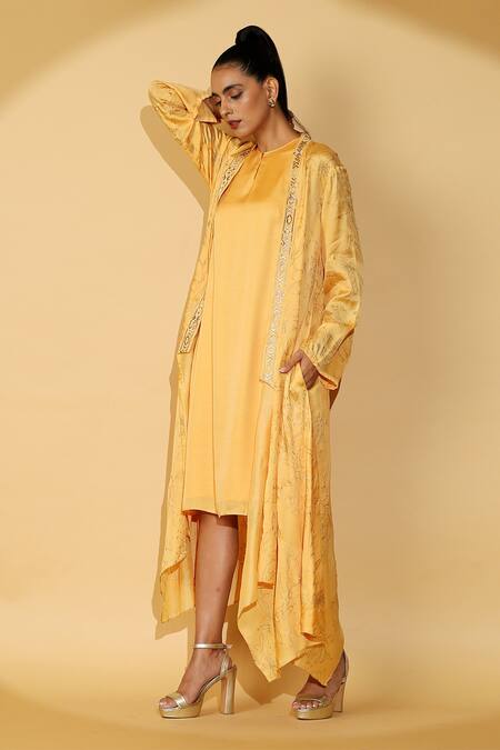 Madder Much_Yellow 65% Cupro 35% Modal Floral Open Nova Dress With Printed Shrug_at_Aza_Fashions