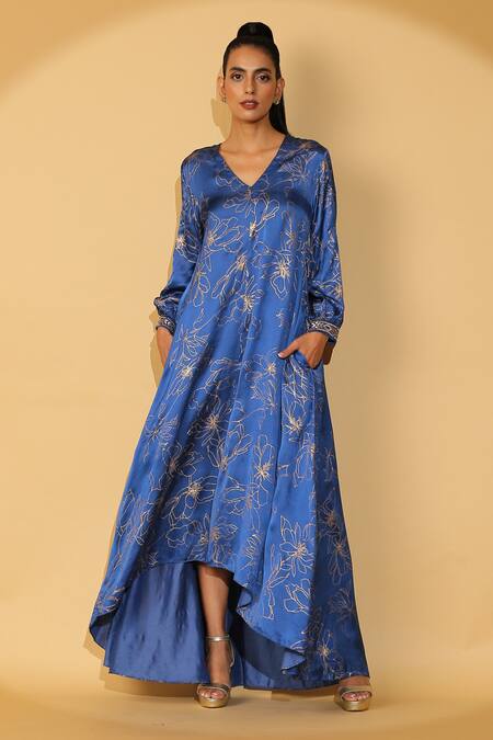 Madder Much Blue 65% Cupro 35% Modal Printed Floral V Neck Vivi Kaftan at Aza Fashions Madder Much_Blue 65% Cupro 35% Modal Printed Floral V Neck Vivi Kaftan _at_Aza_Fashions