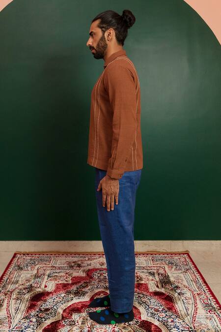 Artless Brown Vegan Leather Embroidery Stitchline Summer Shirt Online at Aza Fashions Artless_Brown Vegan Leather Embroidery Stitchline Summer Shirt_Online_at_Aza_Fashions