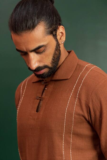 Buy Artless Brown Vegan Leather Embroidery Stitchline Summer Shirt Online at Aza Fashions Buy_Artless_Brown Vegan Leather Embroidery Stitchline Summer Shirt_Online_at_Aza_Fashions