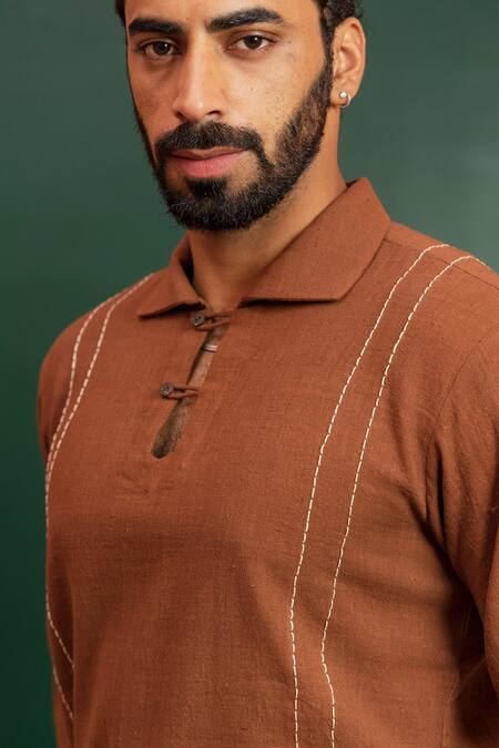 Shop Artless Brown Vegan Leather Embroidery Stitchline Summer Shirt Online at Aza Fashions Shop_Artless_Brown Vegan Leather Embroidery Stitchline Summer Shirt_Online_at_Aza_Fashions