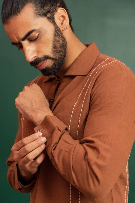 Artless Brown Vegan Leather Embroidery Stitchline Summer Shirt at Aza Fashions Artless_Brown Vegan Leather Embroidery Stitchline Summer Shirt_at_Aza_Fashions