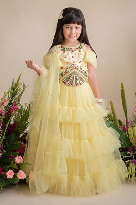 PA:Paa_Yellow Tulle Embroidery Floral Ruffled Lehenga Set_Online_at_Aza_Fashions