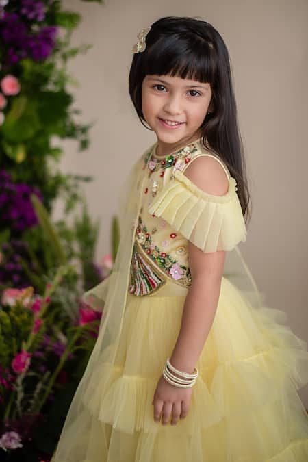 Buy_PA:Paa_Yellow Tulle Embroidery Floral Ruffled Lehenga Set_Online_at_Aza_Fashions