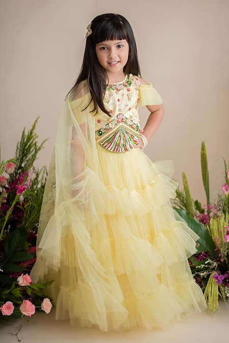 Shop_PA:Paa_Yellow Tulle Embroidery Floral Ruffled Lehenga Set_Online_at_Aza_Fashions