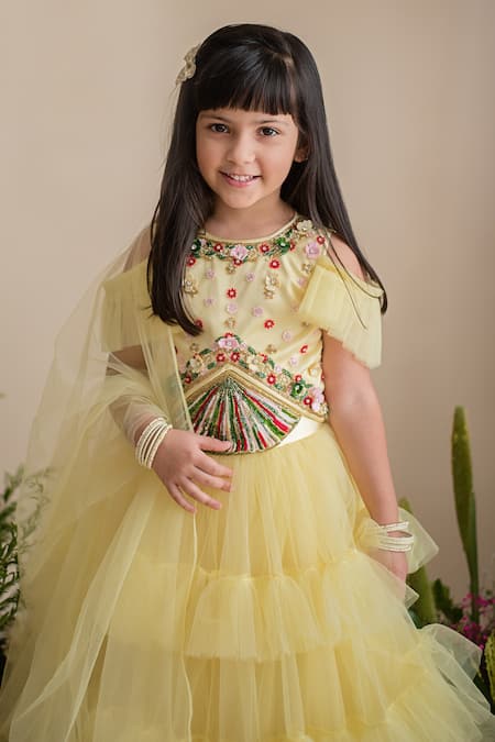 Buy_PA:Paa_Yellow Tulle Embroidery Floral Ruffled Lehenga Set
