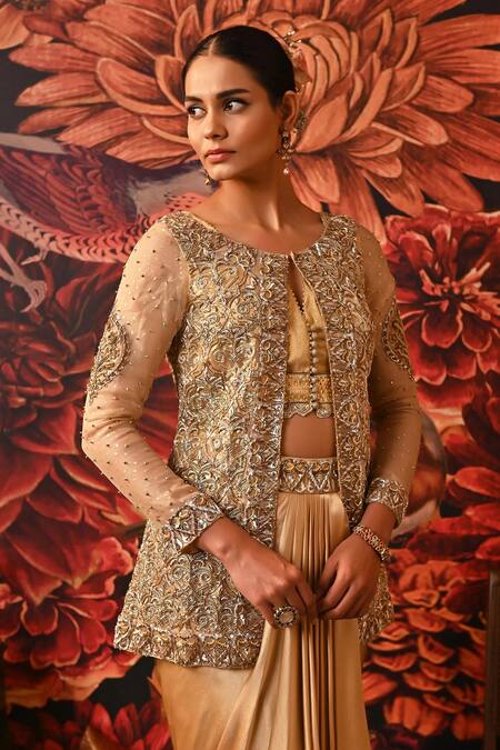 Moledro Gold Brocade, Organza, Satin Embroidery, Sunehri Jacket Skirt Set Online at Aza Fashions Moledro_Gold Brocade, Organza, Satin Embroidery, Sunehri Jacket Skirt Set _Online_at_Aza_Fashions
