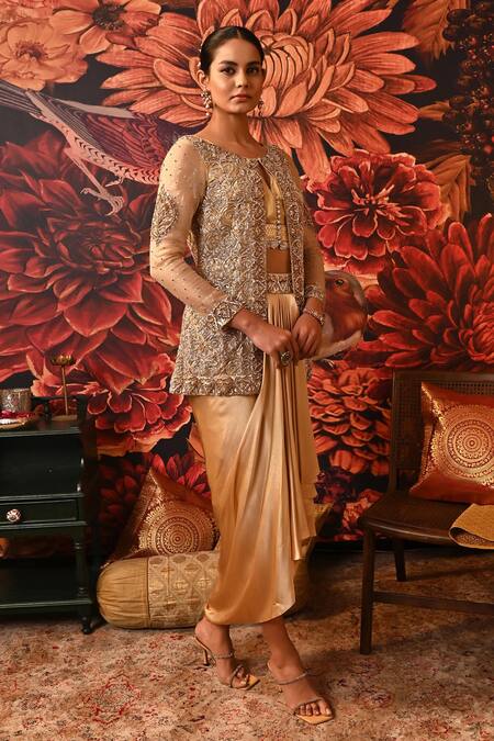 Buy Moledro Gold Brocade, Organza, Satin Embroidery, Sunehri Jacket Skirt Set Online at Aza Fashions Buy_Moledro_Gold Brocade, Organza, Satin Embroidery, Sunehri Jacket Skirt Set _Online_at_Aza_Fashions