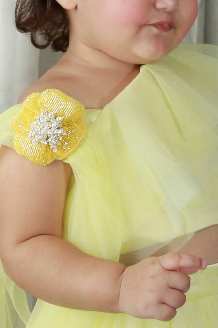Darleen Kids Couture_Yellow Net, Satin, Taffeta Beads, Embroidery Embellished Ruffled Top And Skirt Set _Online_at_Aza_Fashions