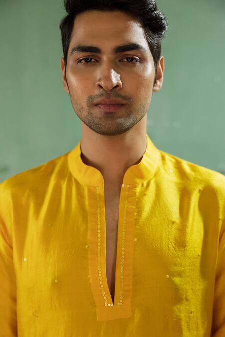 Buy_Artless_Yellow Vegan Leather Plain Sunshine Mandarin Collar Kurta Set_Online_at_Aza_Fashions