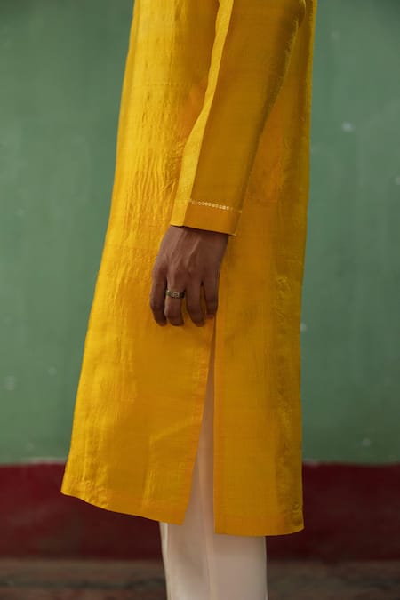 Shop_Artless_Yellow Vegan Leather Plain Sunshine Mandarin Collar Kurta Set_Online_at_Aza_Fashions