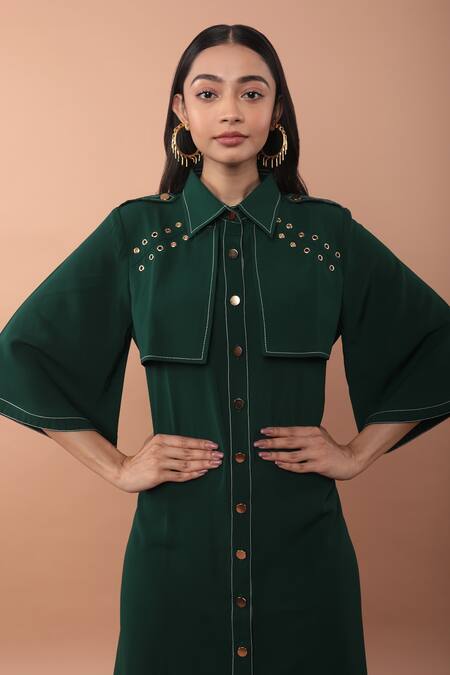 Buy_Veera Wear_Green Georgette Collared Paneled Supernova Dress _Online_at_Aza_Fashions