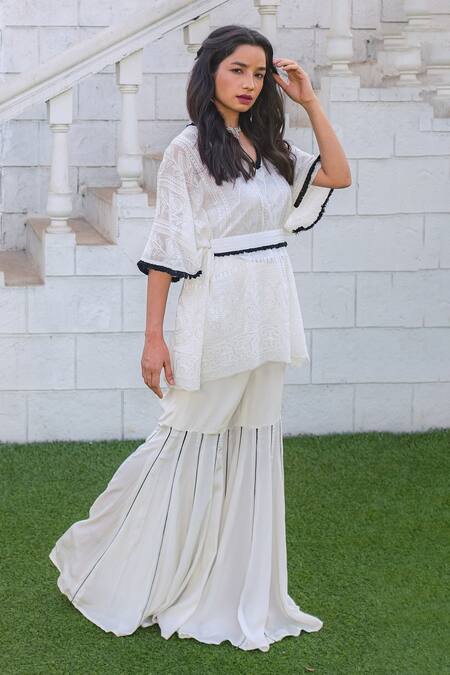 Monk & Mei By Sonia Anand_White Georgette Tassels, Zari V-neck Floral Embroidered Kaftan And Sharara Set _Online_at_Aza_Fashions