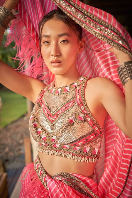 Buy_Surily G_Pink Crepe Hand Embroidered Shells Halter Crop Top  _Online_at_Aza_Fashions