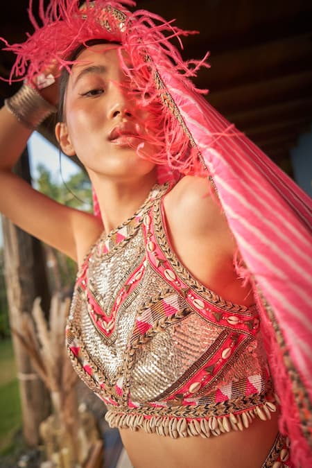Shop_Surily G_Pink Crepe Hand Embroidered Shells Halter Crop Top  _Online_at_Aza_Fashions