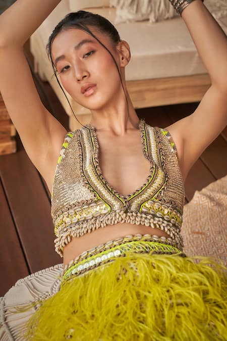 Surily G_Yellow Crepe Hand Embroidered Shells Plunge Neck Waistcoat  _Online_at_Aza_Fashions