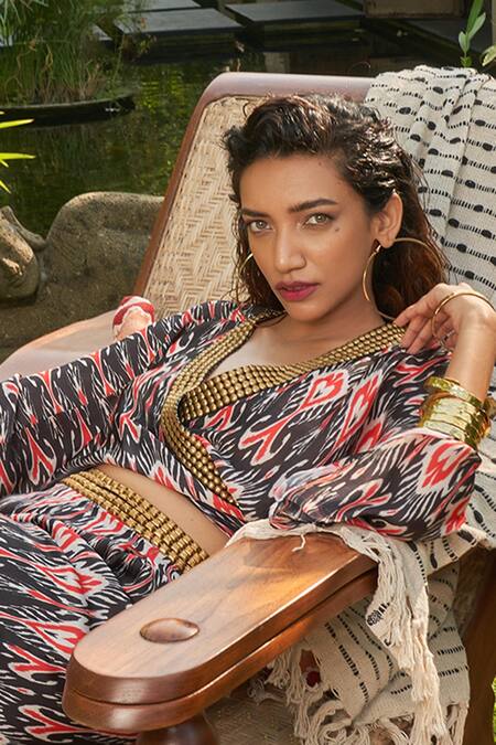 Surily G_Black Satin, Georgette Beads, Embroidery V-neck Ikat Print Wrap Top _Online_at_Aza_Fashions