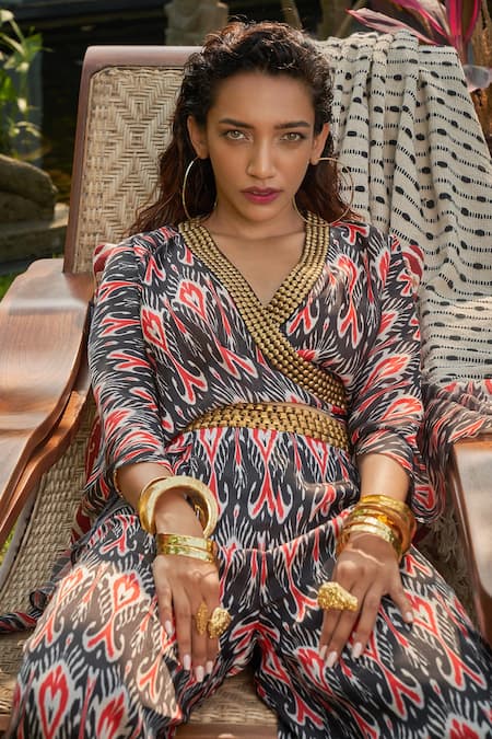 Buy_Surily G_Black Satin Georgette Printed Ikat Drop-crotch Pant  _Online_at_Aza_Fashions