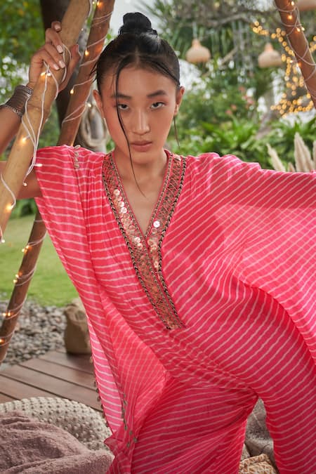 Surily G_Pink Silk Printed Leheriya V Neck Jumpsuit  _Online_at_Aza_Fashions