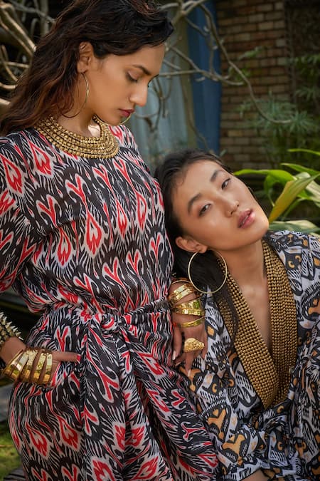 Surily G_Black Satin Georgette Printed Ikat High Neck Hand Embroidered Jumpsuit _Online_at_Aza_Fashions