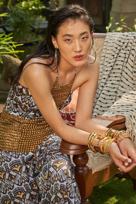 Surily G_White Satin Georgette Printed Ikat Halter Neck Jumpsuit  _Online_at_Aza_Fashions