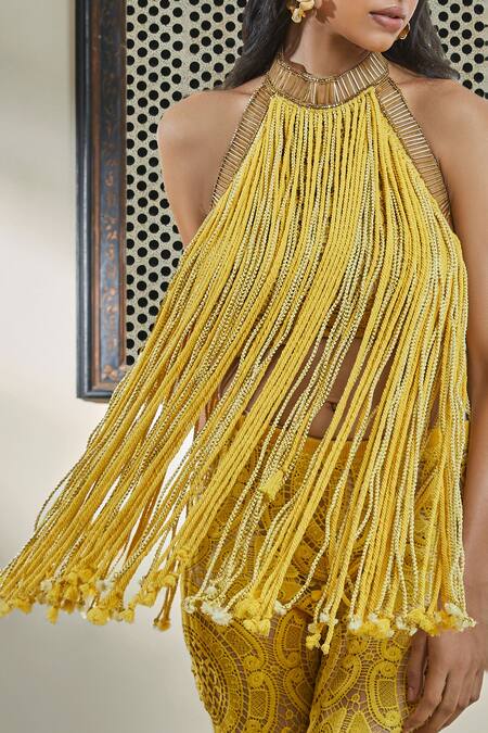 Surily G_Yellow Cotton Embroidery High Neck Hand Rope Fringe Top _Online_at_Aza_Fashions