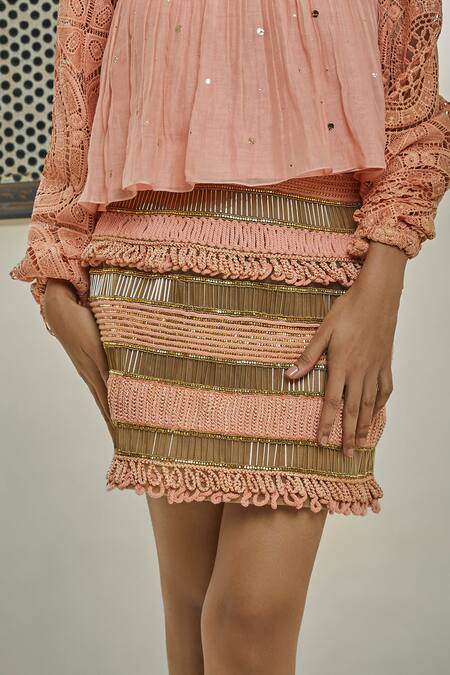 Surily G_Pink Chanderi Embroidery Rope Hand Skirt  _Online_at_Aza_Fashions