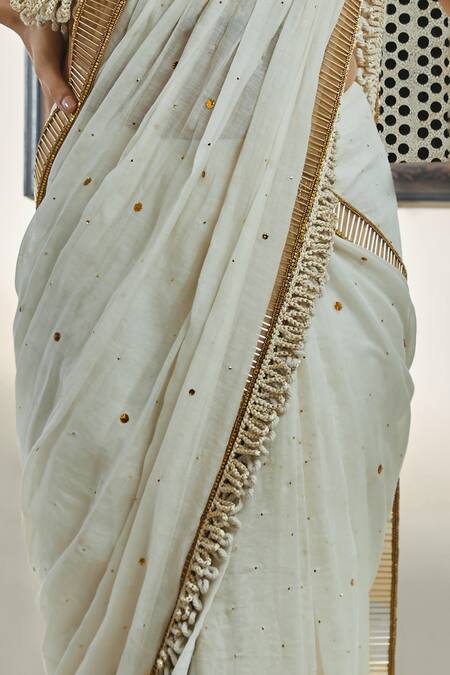 Surily G_Ivory Chanderi Piping Pre-stitched Badla Embroidered Saree _Online_at_Aza_Fashions