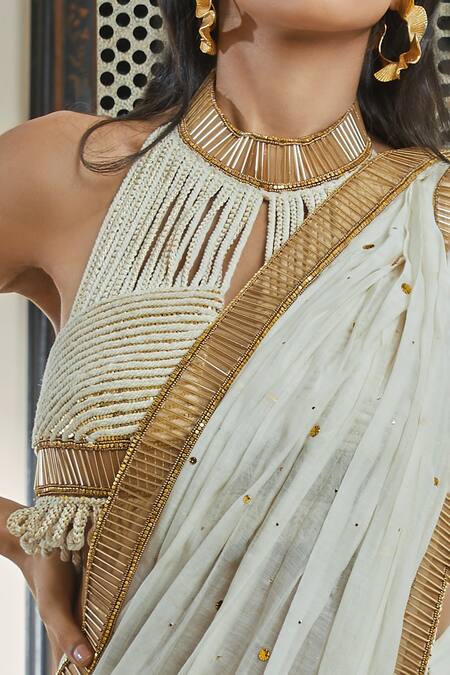 Surily G_Ivory Chanderi Embellished Rope High Neck Hand Embroidered Top  _Online_at_Aza_Fashions