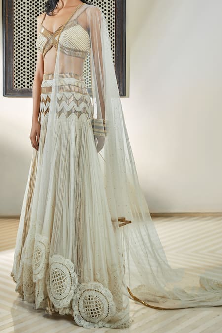 Surily G_Ivory Embroidery Badla And Crochet Dupatta  _Online_at_Aza_Fashions