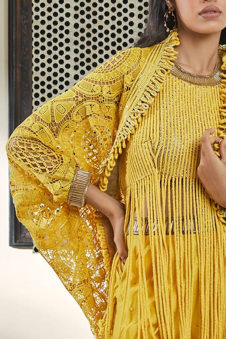 Buy_Surily G_Yellow Floral Crochet Cape _Online_at_Aza_Fashions
