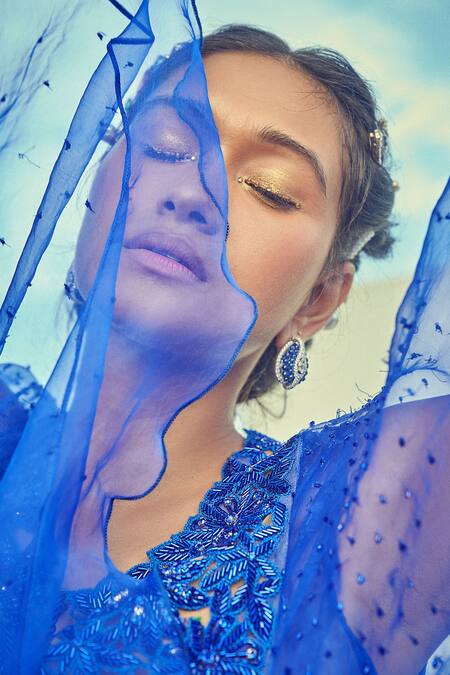 Buy Surily G Blue Organza Embroidered Floral V Neck Cutwork Ruffled Kaftan Tunic Online at Aza Fashions Buy_Surily G_Blue Organza Embroidered Floral V Neck Cutwork Ruffled Kaftan Tunic _Online_at_Aza_Fashions