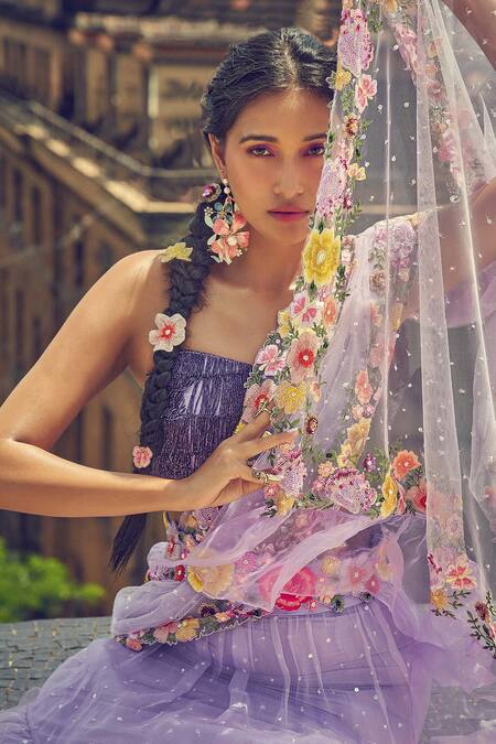 Surily G_Purple Organza Sequins, Beads, Pearls Floral Embroidered Tiered Lehenga Saree _Online_at_Aza_Fashions