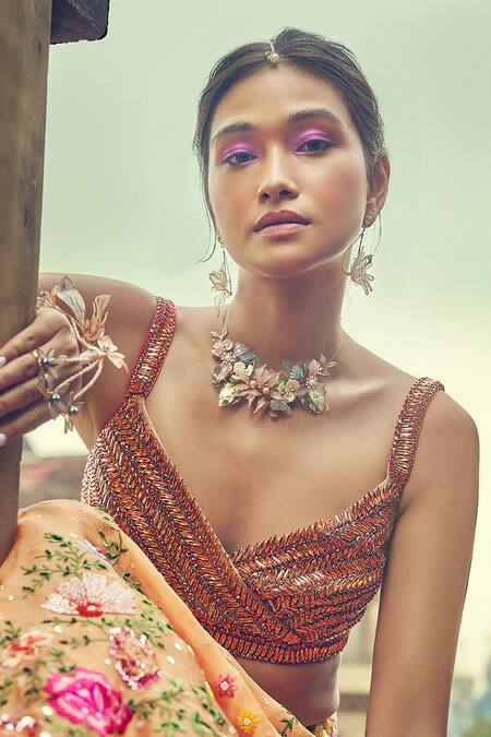 Shop Surily G Coral Crepe Hand Embroidered Stone Work Surplice Neck Blouse Online at Aza Fashions Shop_Surily G_Coral Crepe Hand Embroidered Stone Work Surplice Neck Blouse _Online_at_Aza_Fashions