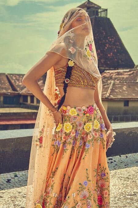 Surily G_Peach Embroidered Thread Floral Dupatta  _Online_at_Aza_Fashions