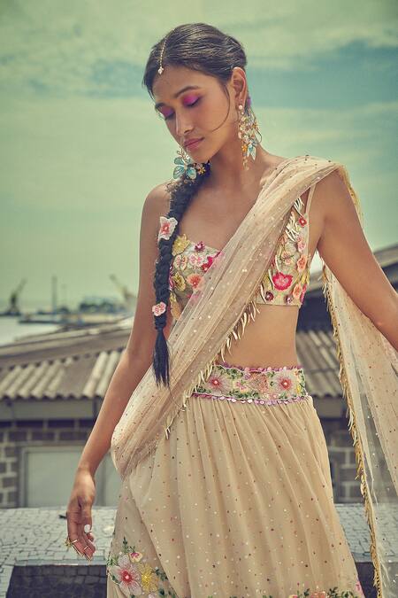 Buy_Surily G_Beige Georgette Floral Embroidered Layered Lehenga Saree _Online_at_Aza_Fashions