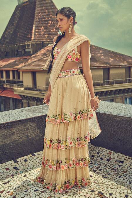 Surily G_Beige Georgette Floral Embroidered Layered Lehenga Saree _at_Aza_Fashions